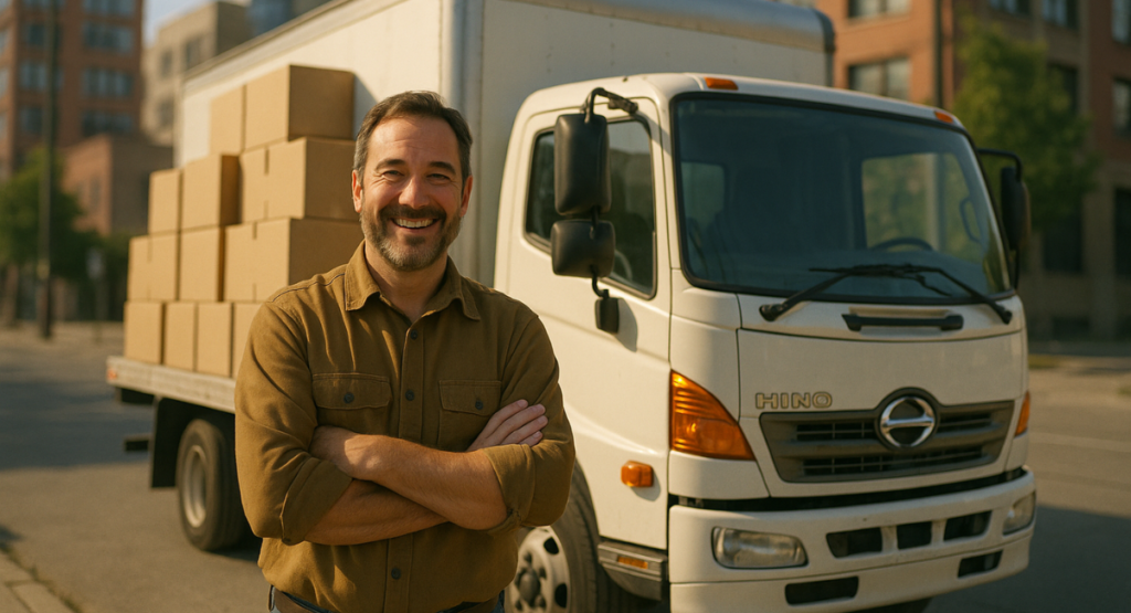 Happy business owner standing next to Hino truck loaded with cargo, representing reliability and affordable Hino truck solutions.